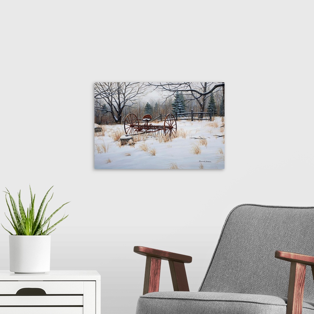 A modern room featuring Contemporary artwork of a cultivator resting for the winter months