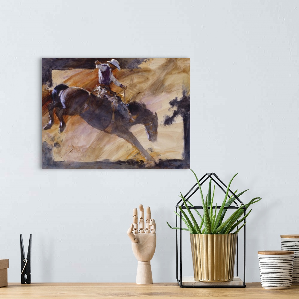 A bohemian room featuring Contemporary western theme painting of a cowboy riding a bucking bronco.