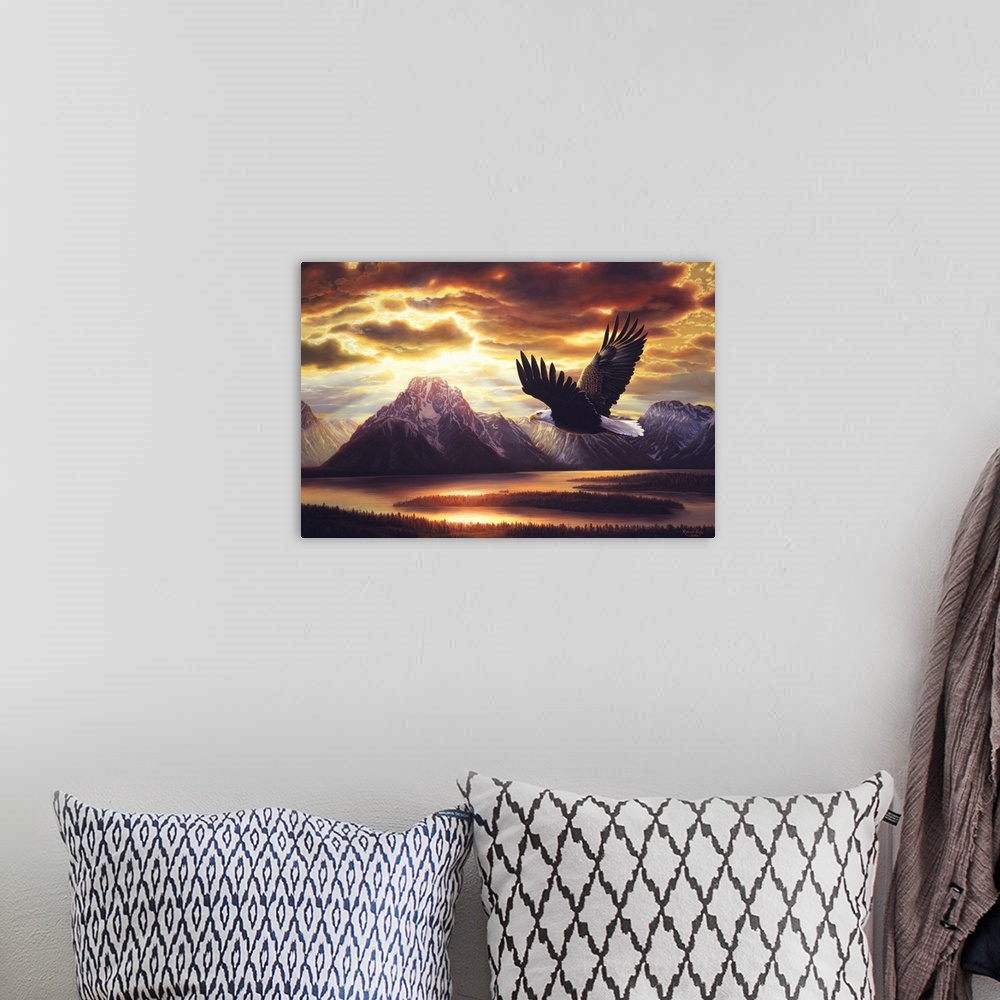 A bohemian room featuring An eagle flies near a mountain range at sunset, with sunlight filtering through the dark clouds.