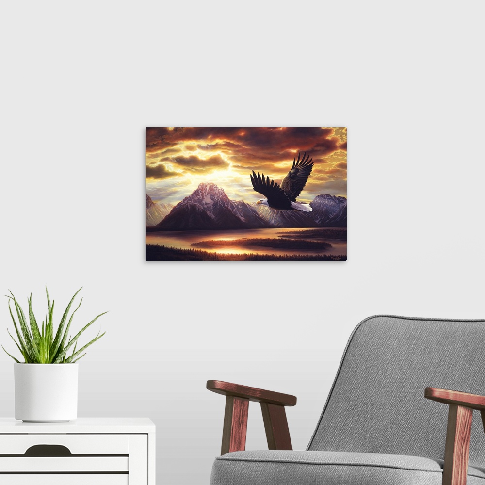 A modern room featuring An eagle flies near a mountain range at sunset, with sunlight filtering through the dark clouds.