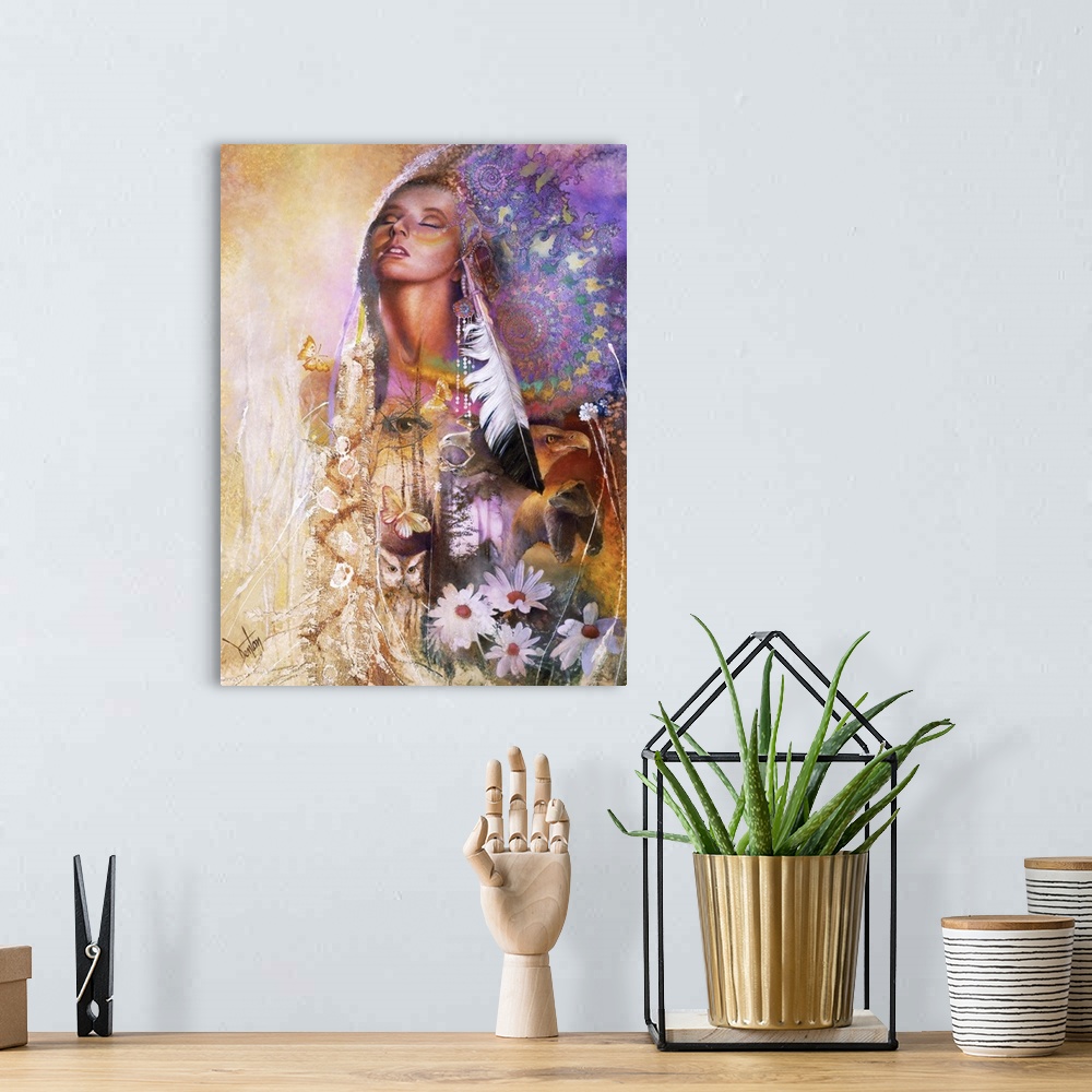 A bohemian room featuring A contemporary painting of a Native American woman surrounded by colorful fractal and nature elem...