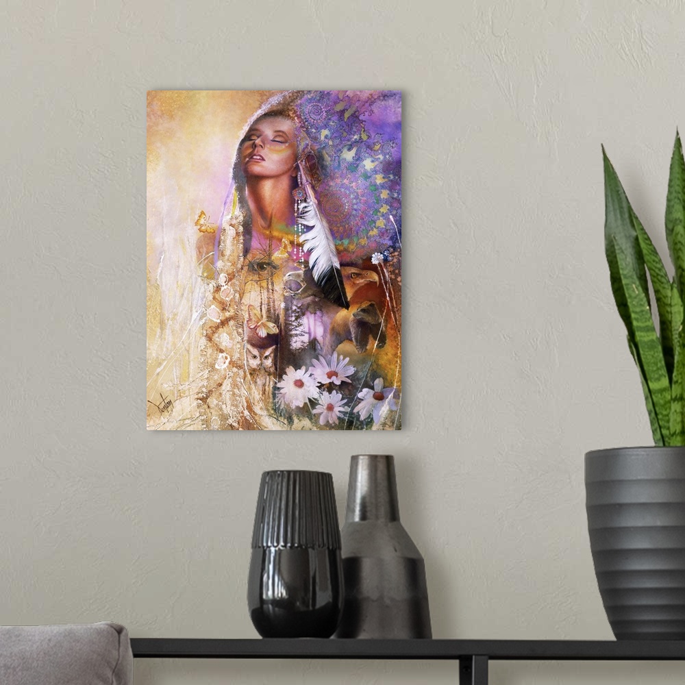 A modern room featuring A contemporary painting of a Native American woman surrounded by colorful fractal and nature elem...
