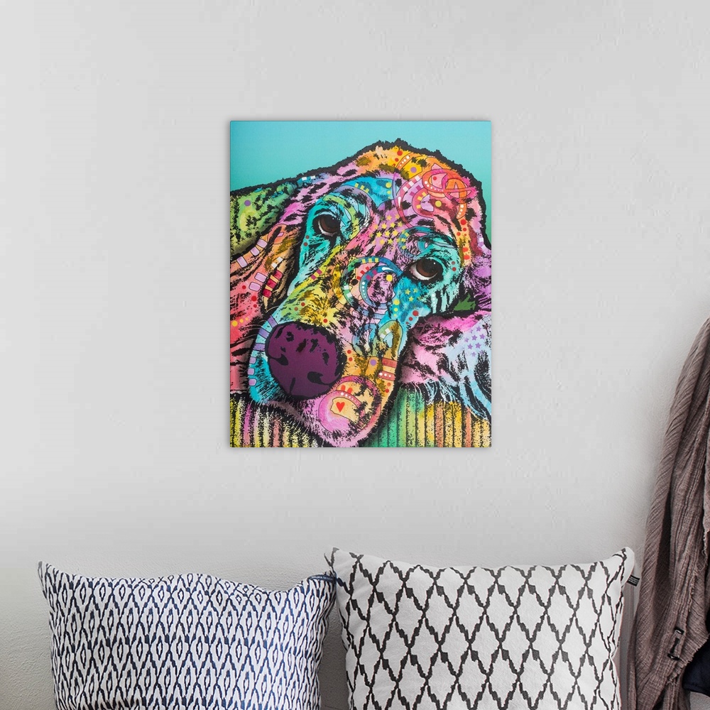 A bohemian room featuring Pop art style painting of an Irish Setter resting its head with colorful abstract designs on a bl...