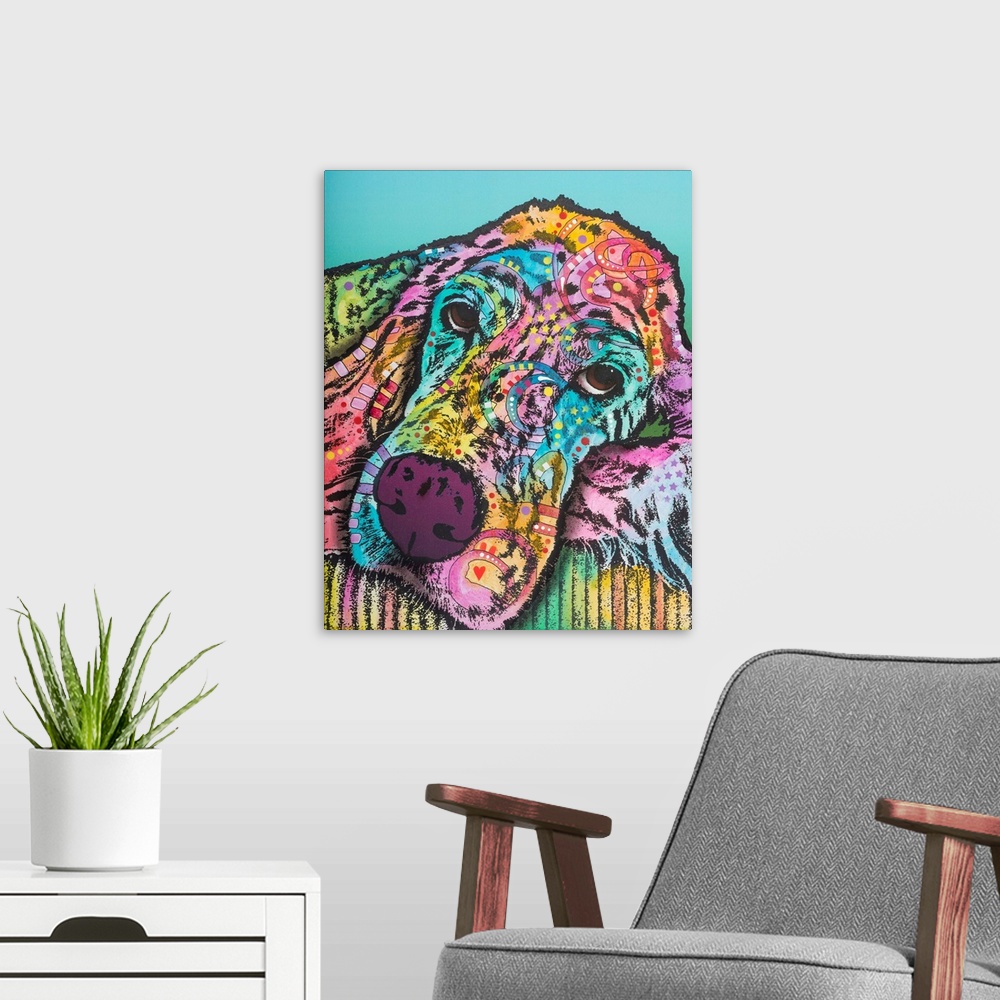 A modern room featuring Pop art style painting of an Irish Setter resting its head with colorful abstract designs on a bl...