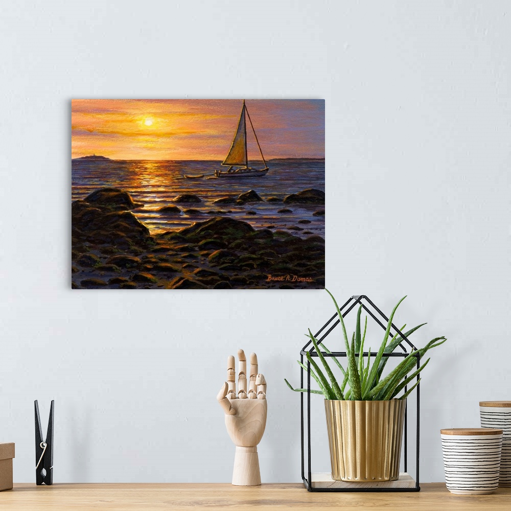A bohemian room featuring Contemporary artwork of a sailboat in the water at sunset.
