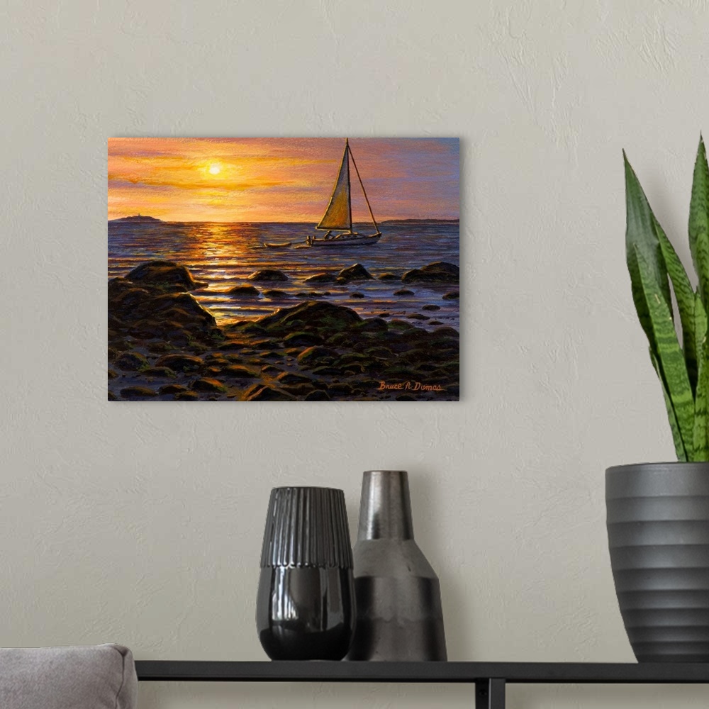 A modern room featuring Contemporary artwork of a sailboat in the water at sunset.