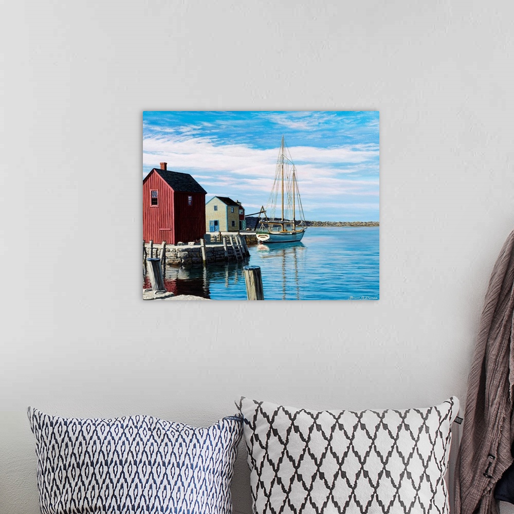 A bohemian room featuring Contemporary painting of a boat and houses at a harbor in Rockport, Massachusetts.