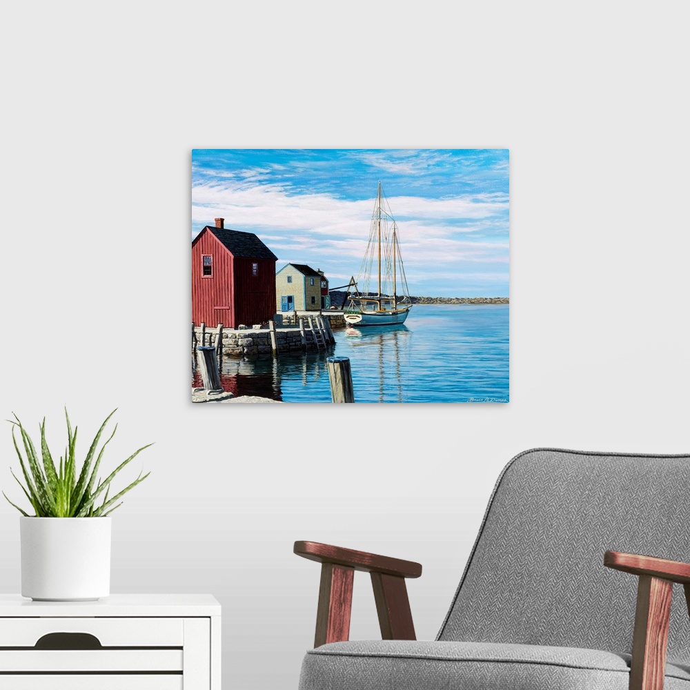 A modern room featuring Contemporary painting of a boat and houses at a harbor in Rockport, Massachusetts.