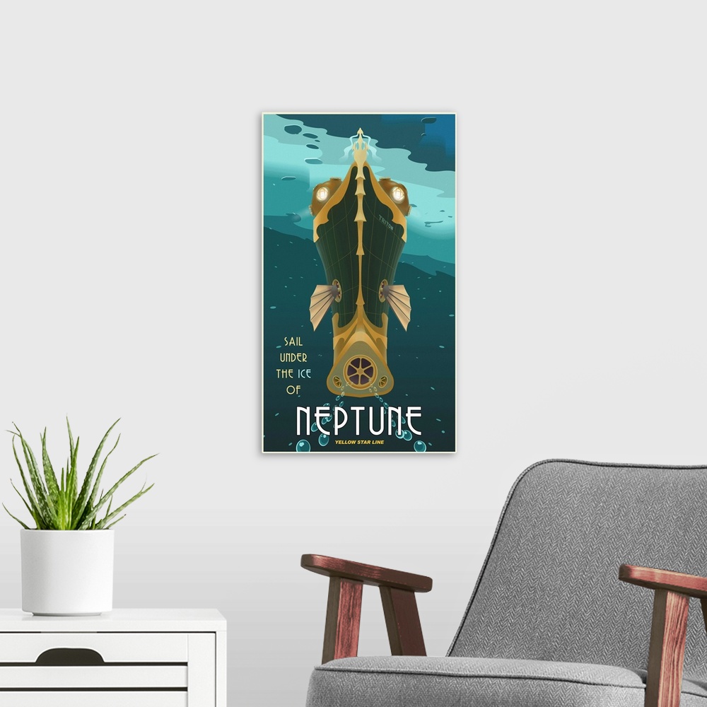 A modern room featuring Retro minimalist travel poster.