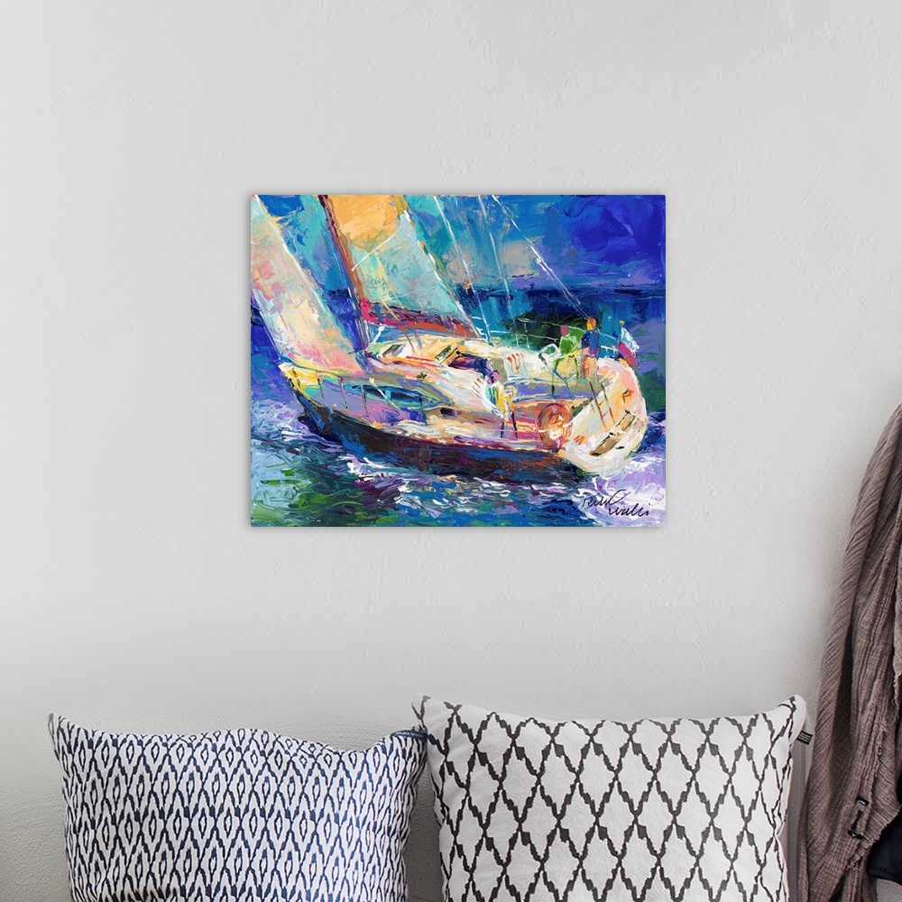 A bohemian room featuring Colorful abstract painting of a sailboat in the ocean.