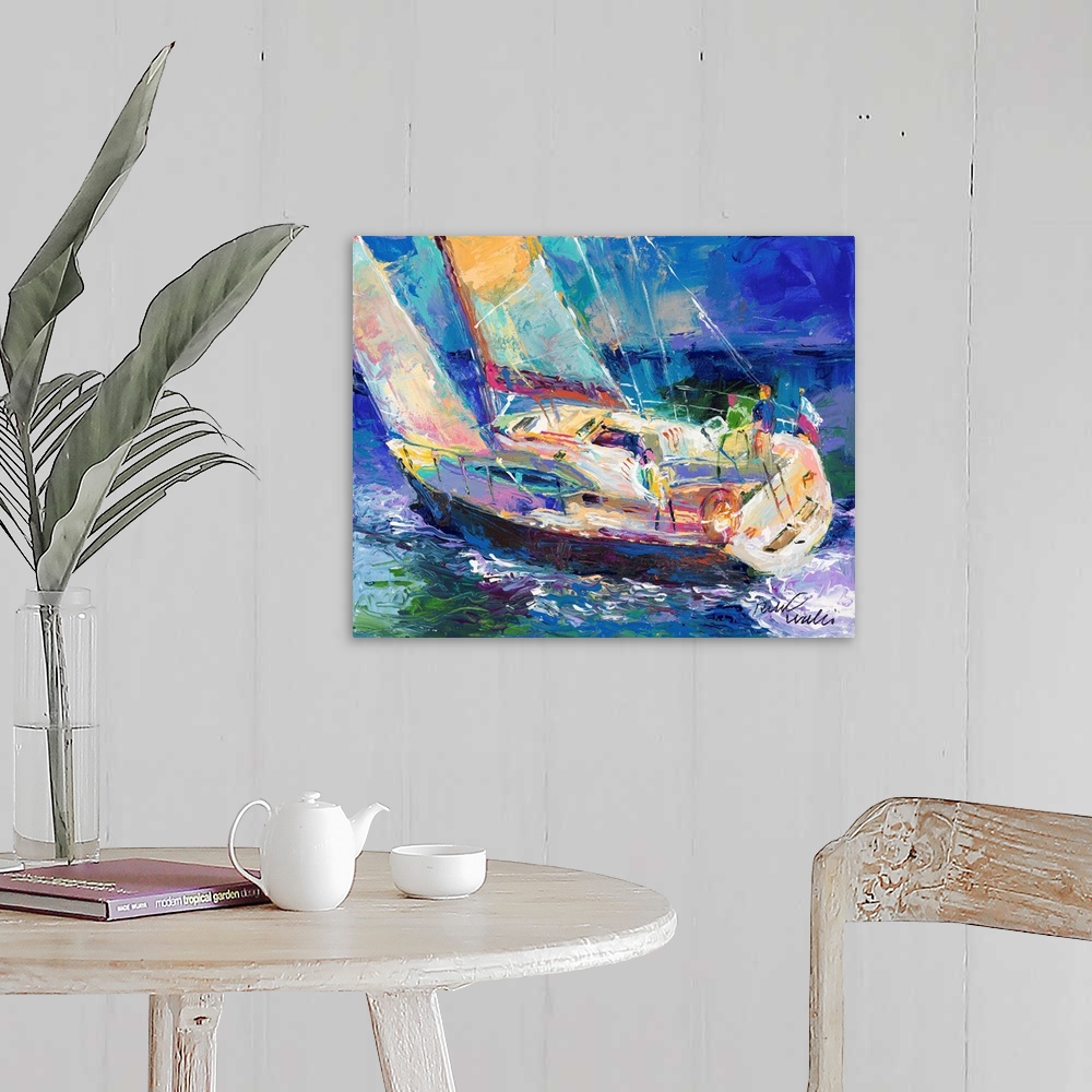 A farmhouse room featuring Colorful abstract painting of a sailboat in the ocean.
