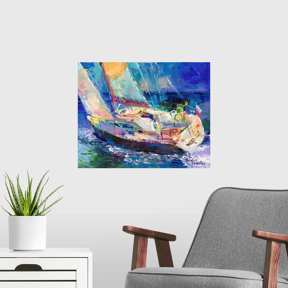 A modern room featuring Colorful abstract painting of a sailboat in the ocean.