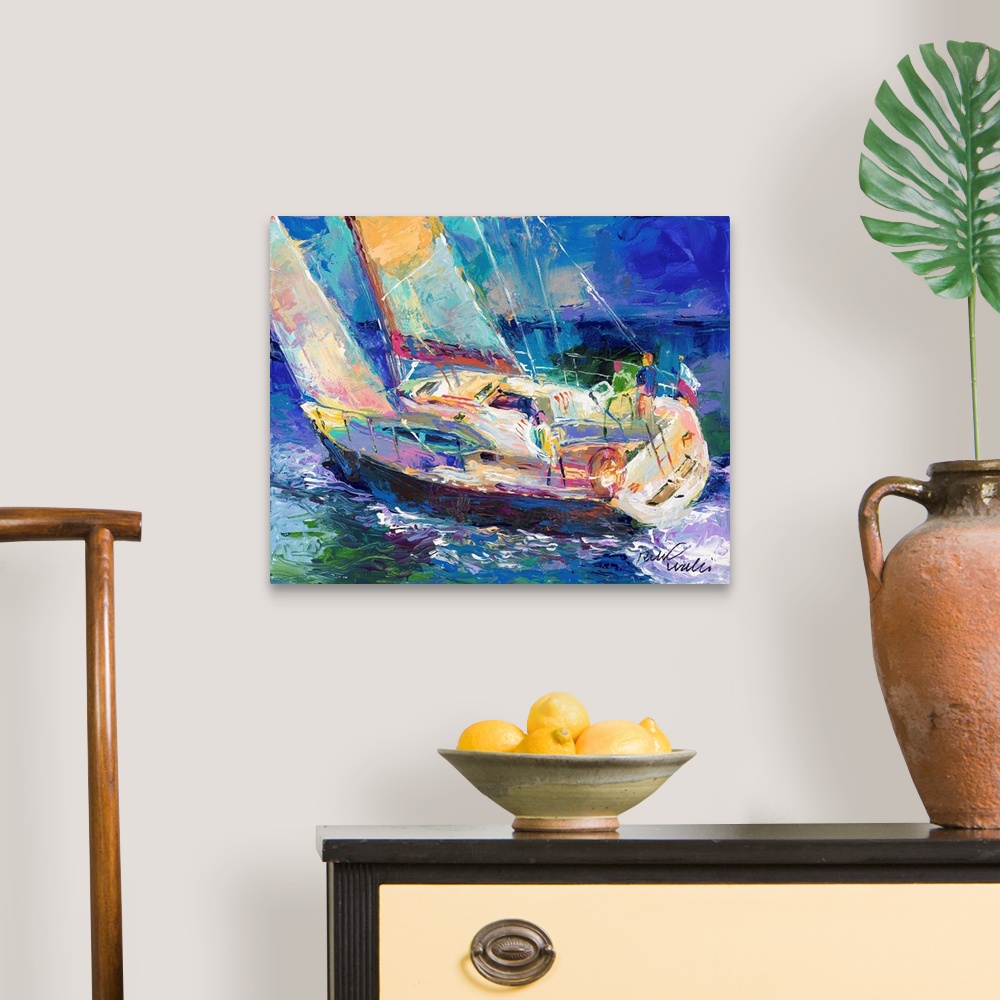 A traditional room featuring Colorful abstract painting of a sailboat in the ocean.