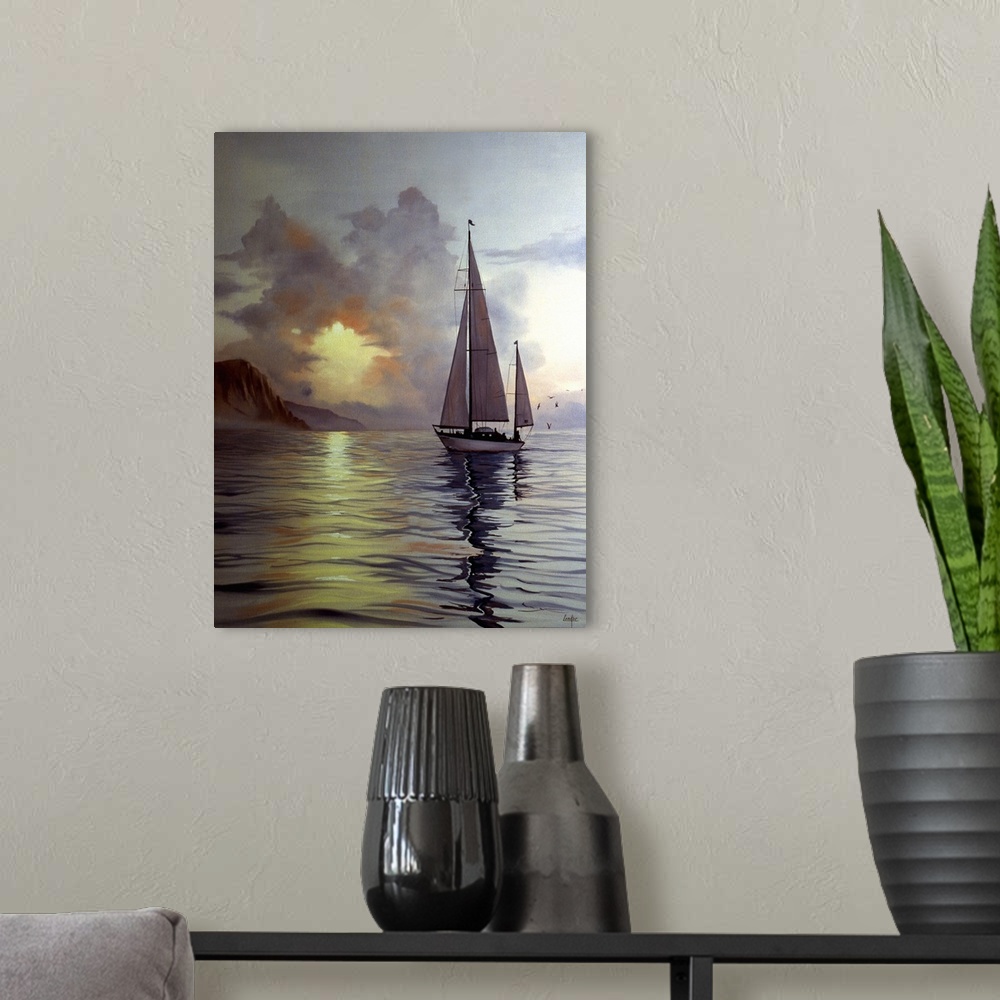 A modern room featuring Contemporary painting of a lone sailboat on calm waters at dusk.