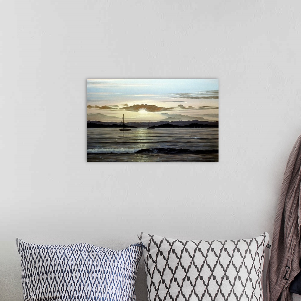 A bohemian room featuring Contemporary painting of a calm shoreline at dusk, with boats in the distance.