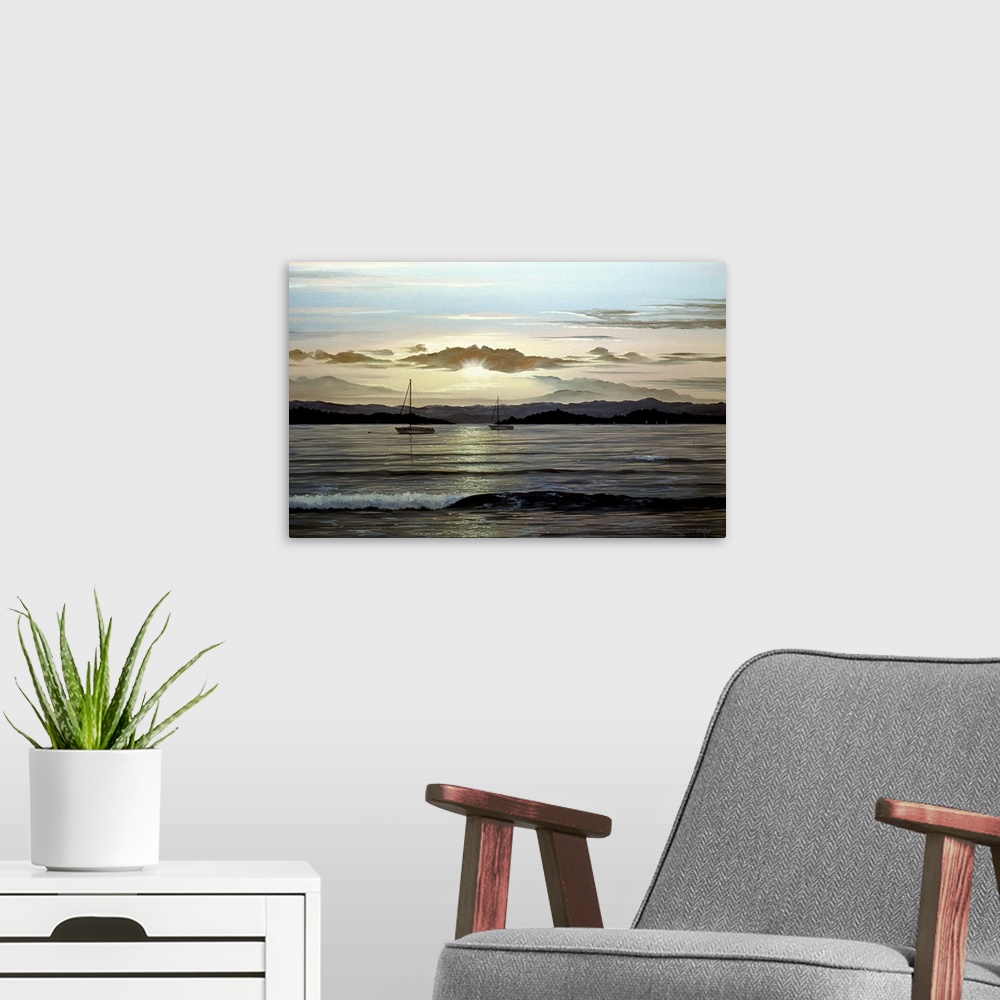 A modern room featuring Contemporary painting of a calm shoreline at dusk, with boats in the distance.