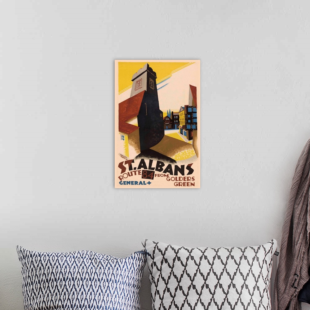 A bohemian room featuring Vintage poster advertisement for Saint Albans London.