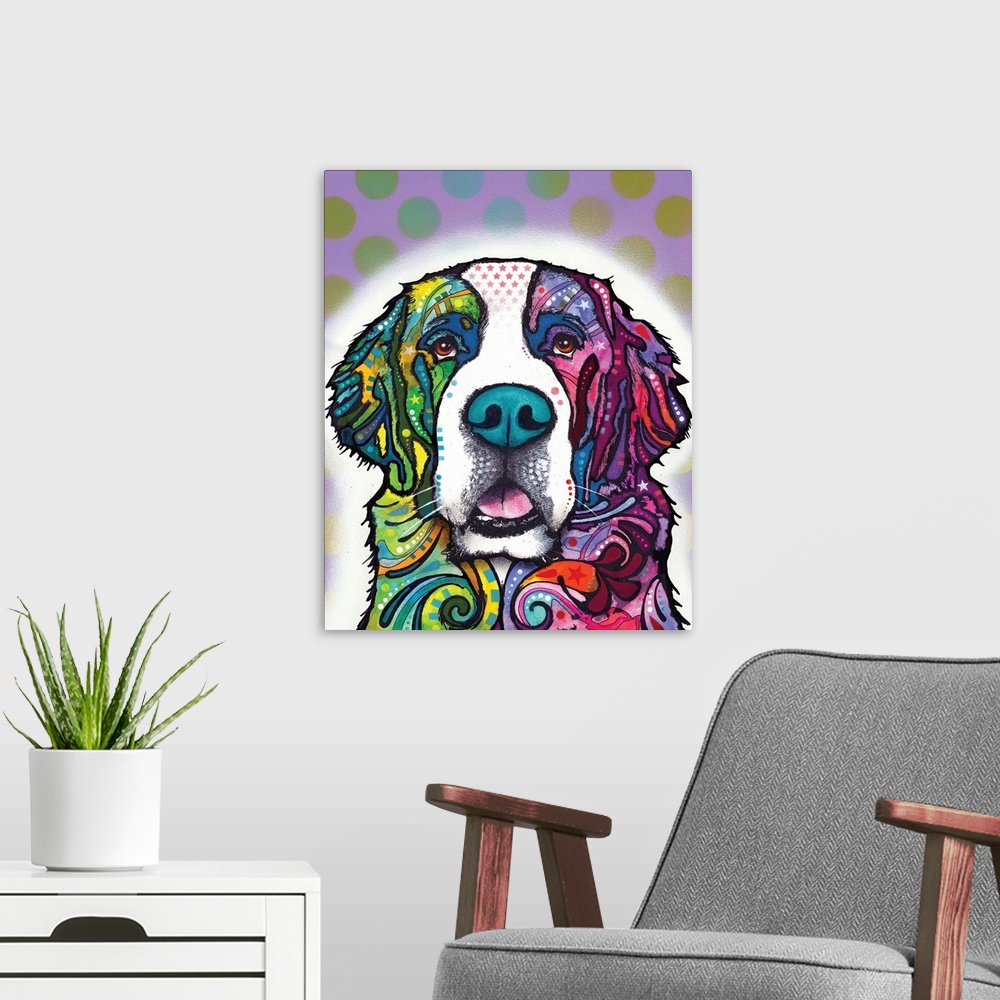 A modern room featuring Colorful illustration of a Saint Bernard with playful designs on a purple background with blue, g...