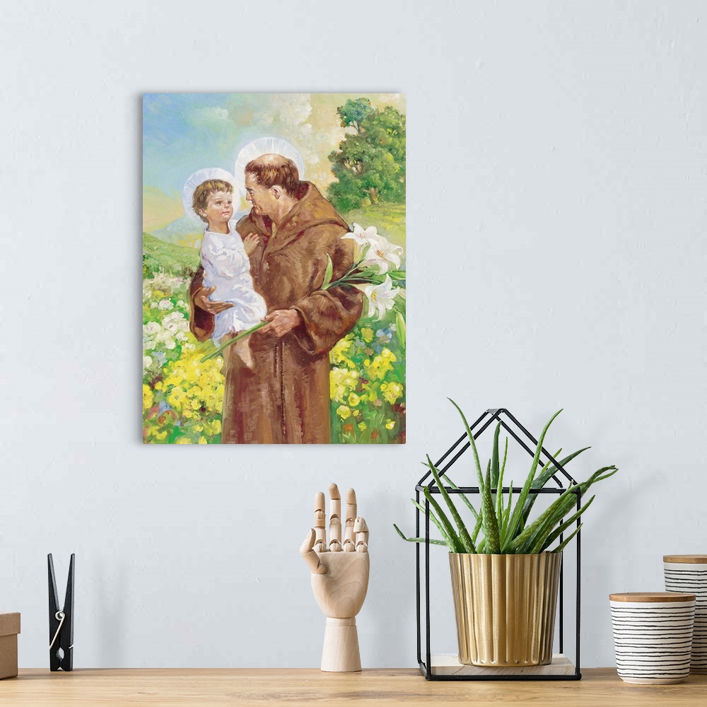 A bohemian room featuring St. Francis, holding a child in a field of yellow and white flowers.