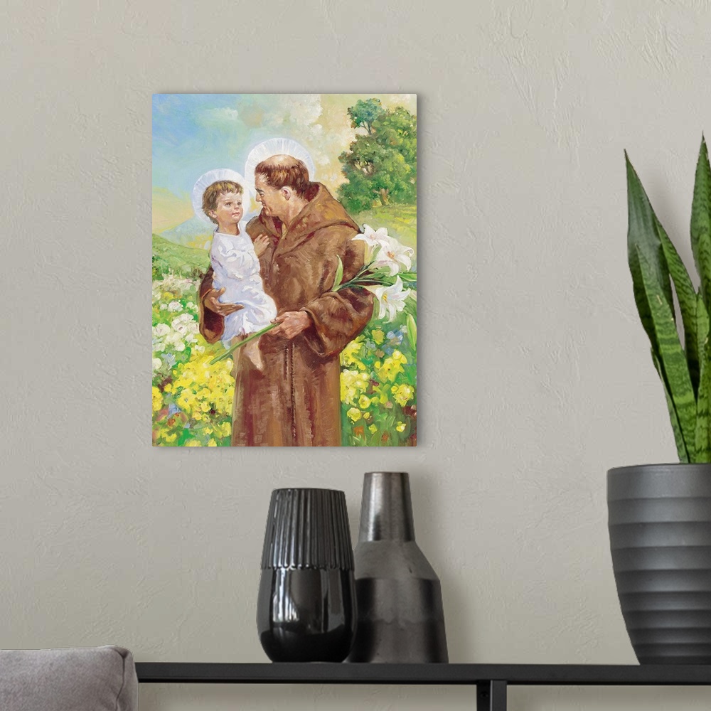 A modern room featuring St. Francis, holding a child in a field of yellow and white flowers.