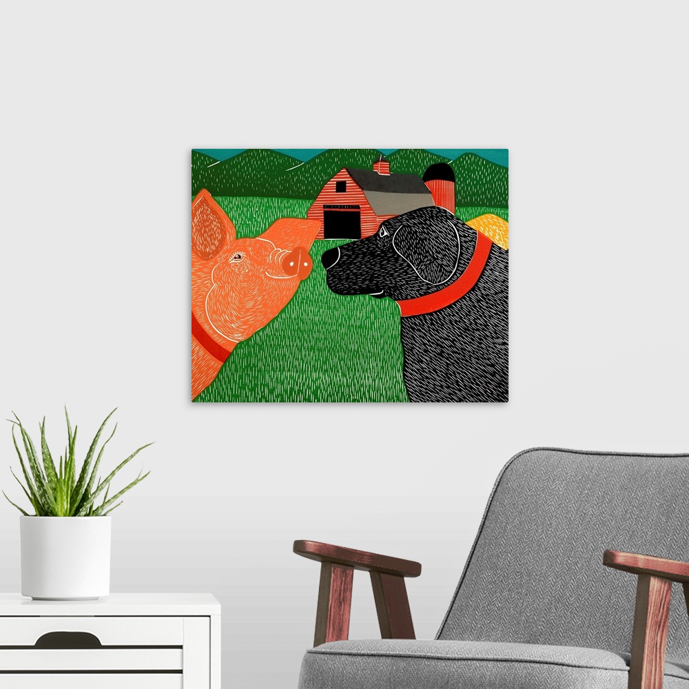 A modern room featuring Illustration of a black lab and a pig facing each other nose to nose with a red barn in the backg...