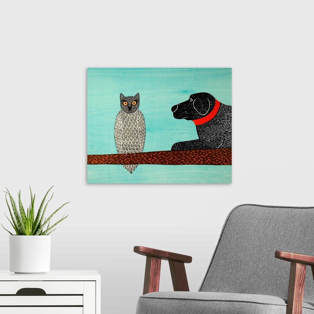 A modern room featuring Illustration of a black lab laying on a tree branch next to an owl.