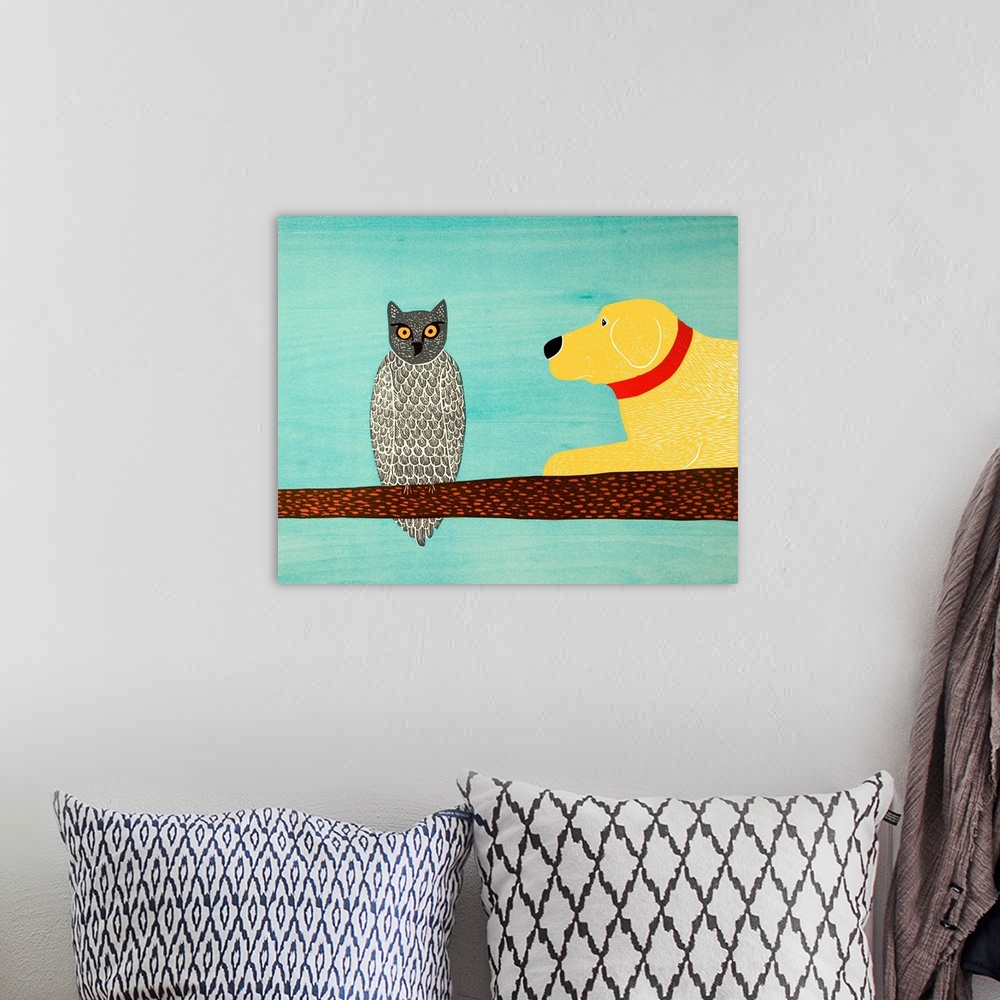 A bohemian room featuring Illustration of a yellow lab laying on a tree branch next to an owl.
