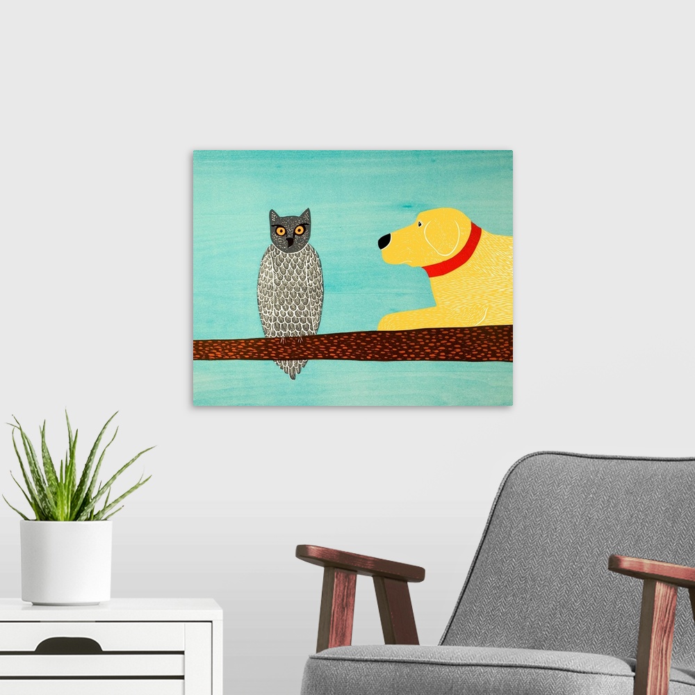 A modern room featuring Illustration of a yellow lab laying on a tree branch next to an owl.