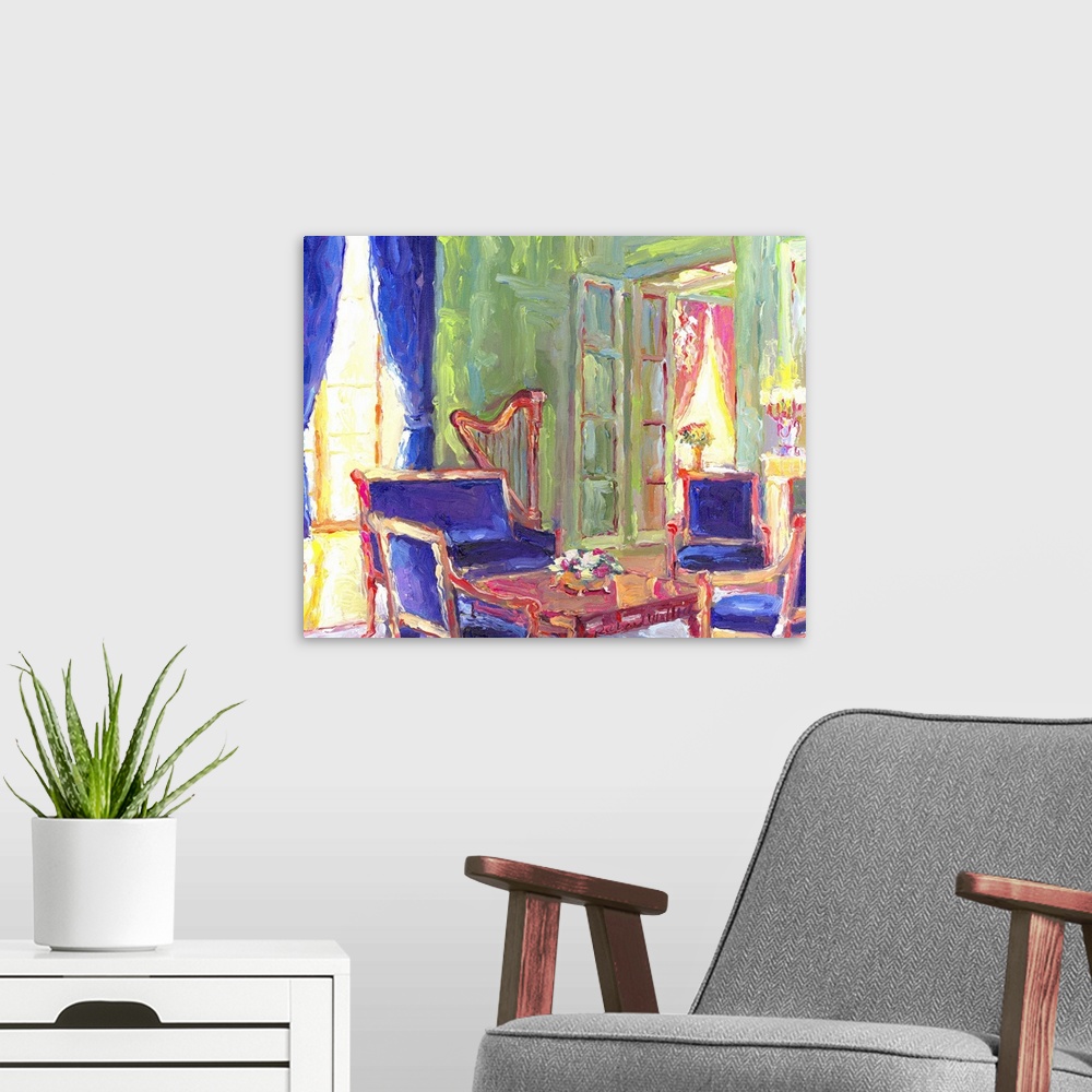 A modern room featuring Contemporary colorful painting of a salon with fancy blue furniture and a harp.
