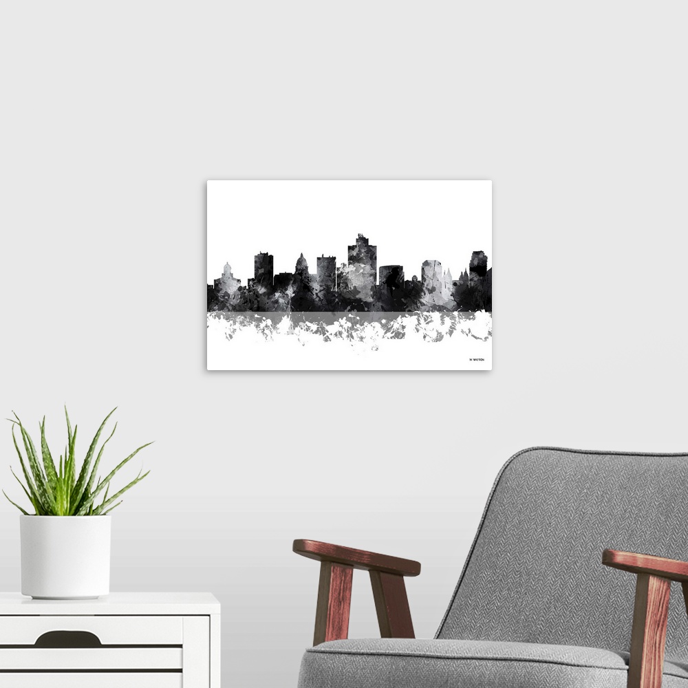 A modern room featuring Contemporary black and white watercolor skyline casting a mirror-like reflection below.