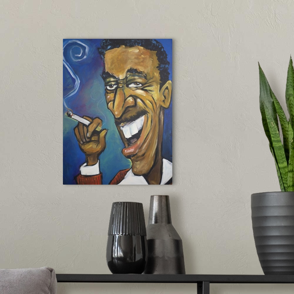 A modern room featuring Contemporary portrait of Rat Pack singer Sammy Davis Jr. with a cigarette.