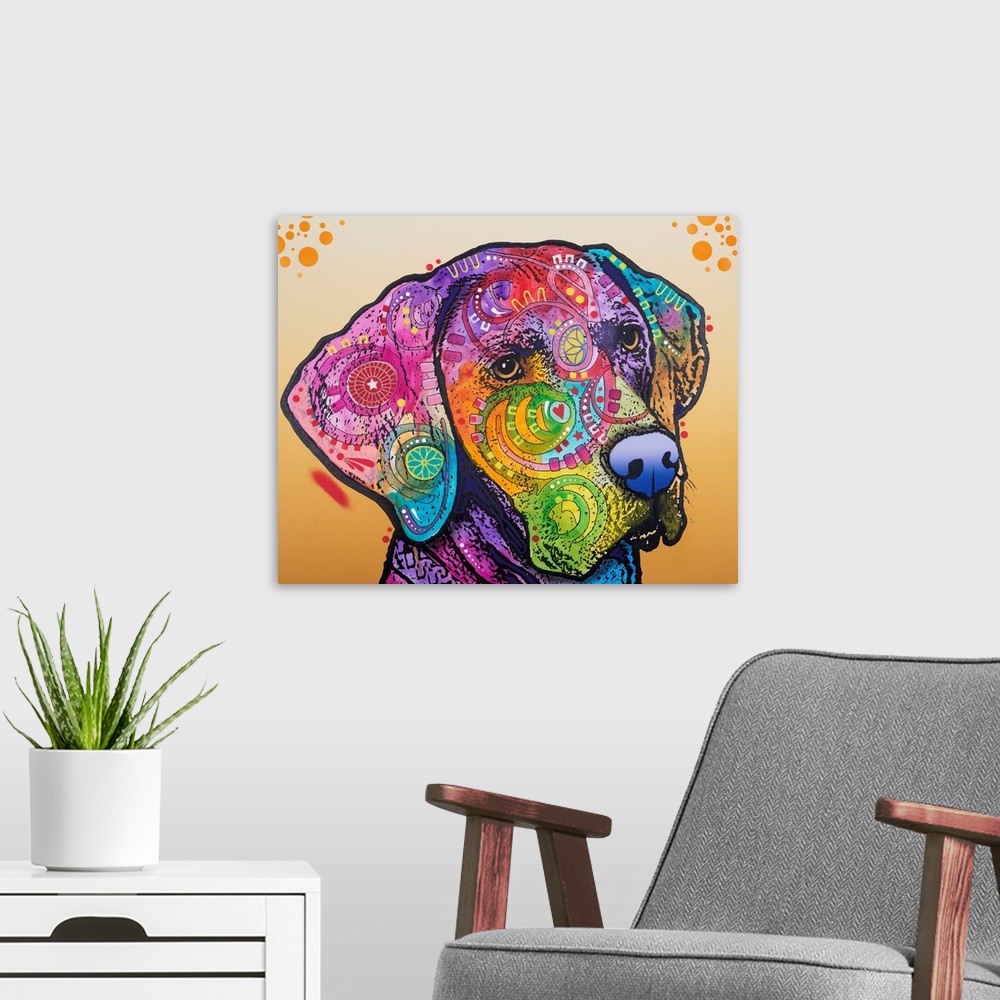 A modern room featuring Pop art style painting of a Labrador with different colors and abstract designs on an orange back...