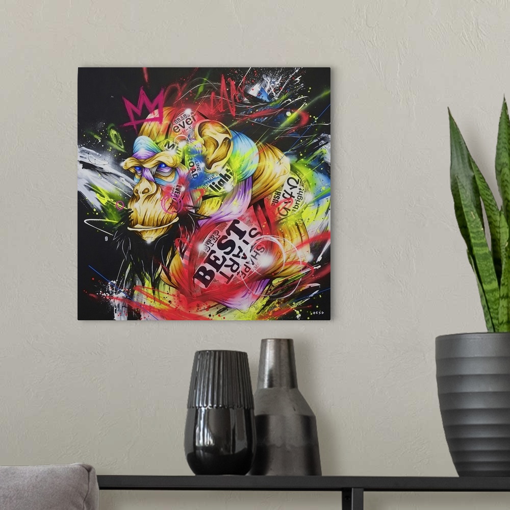 A modern room featuring Contemporary artwork with a vibrant urban art feel, using wild colors and shapes.