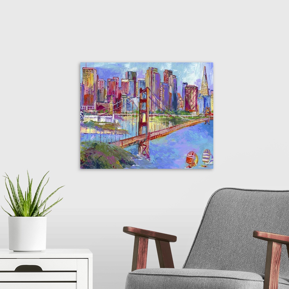 A modern room featuring San Francisco's Golden Gate Bridge and harbor area.