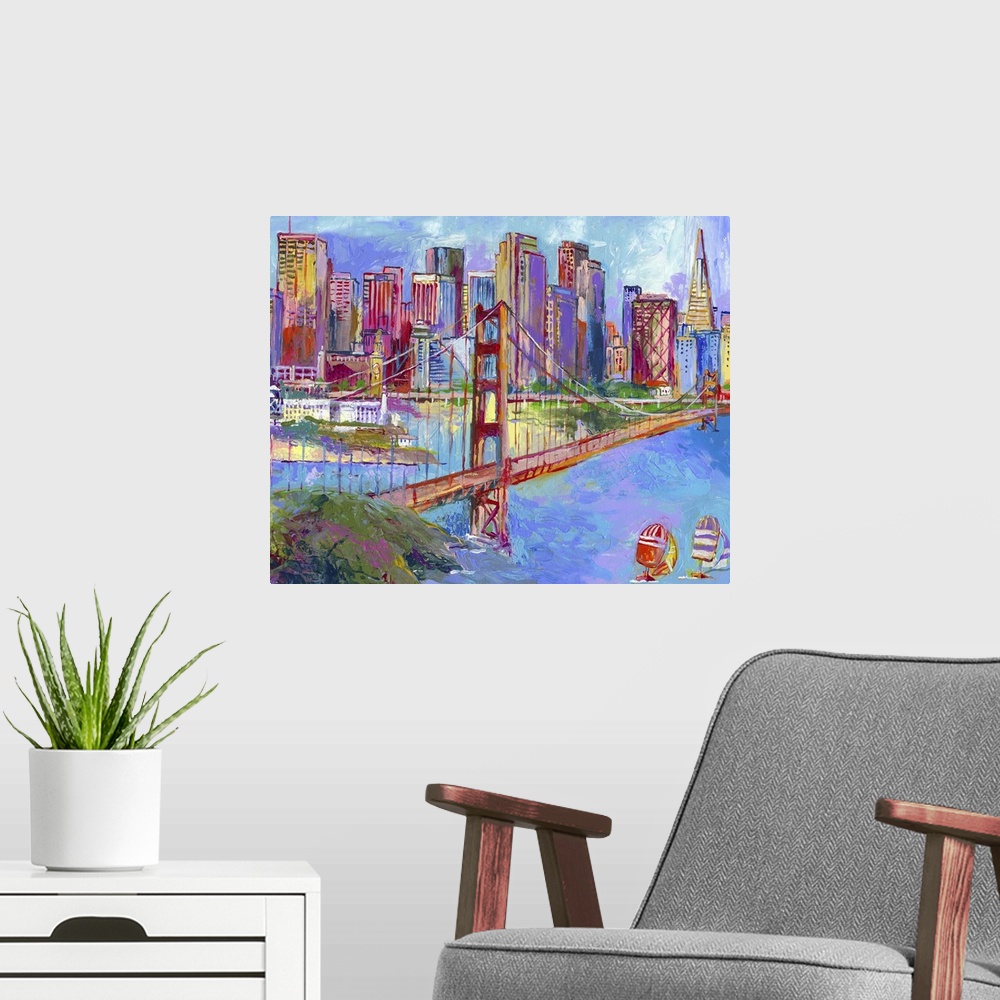 A modern room featuring San Francisco's Golden Gate Bridge and harbor area.