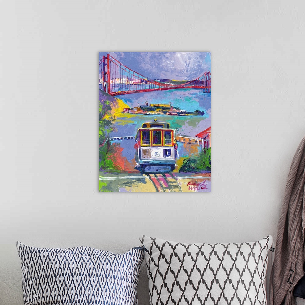 A bohemian room featuring Painting of the San Francisco bay and Golden Gate Bridge in the distance from a city street with ...