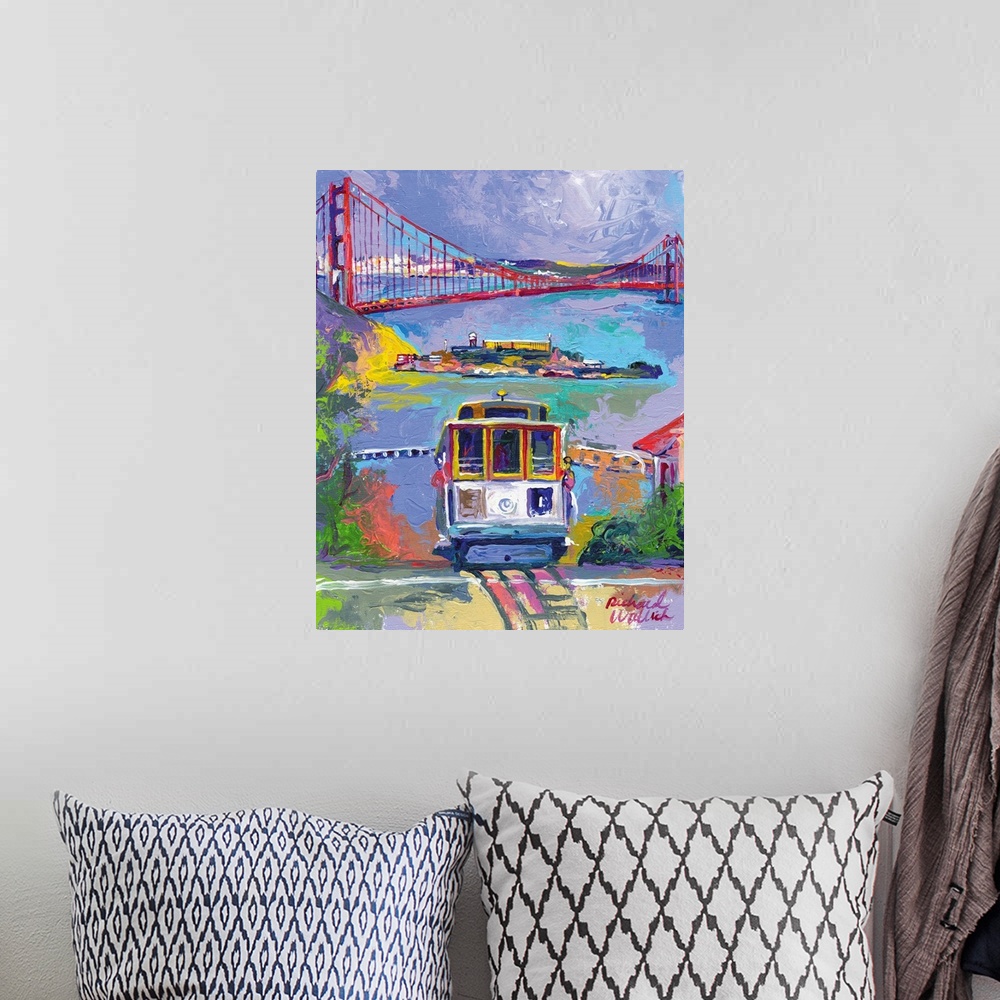 A bohemian room featuring Painting of the San Francisco bay and Golden Gate Bridge in the distance from a city street with ...