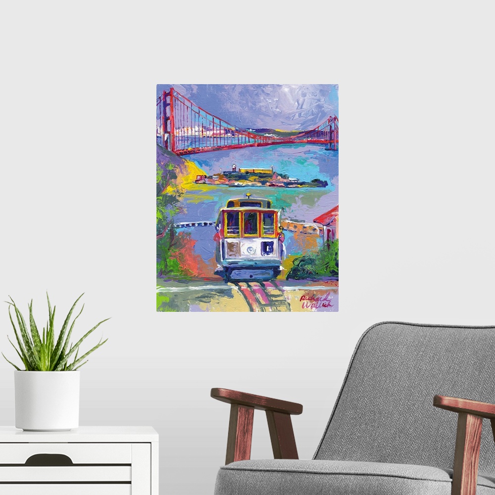 A modern room featuring Painting of the San Francisco bay and Golden Gate Bridge in the distance from a city street with ...