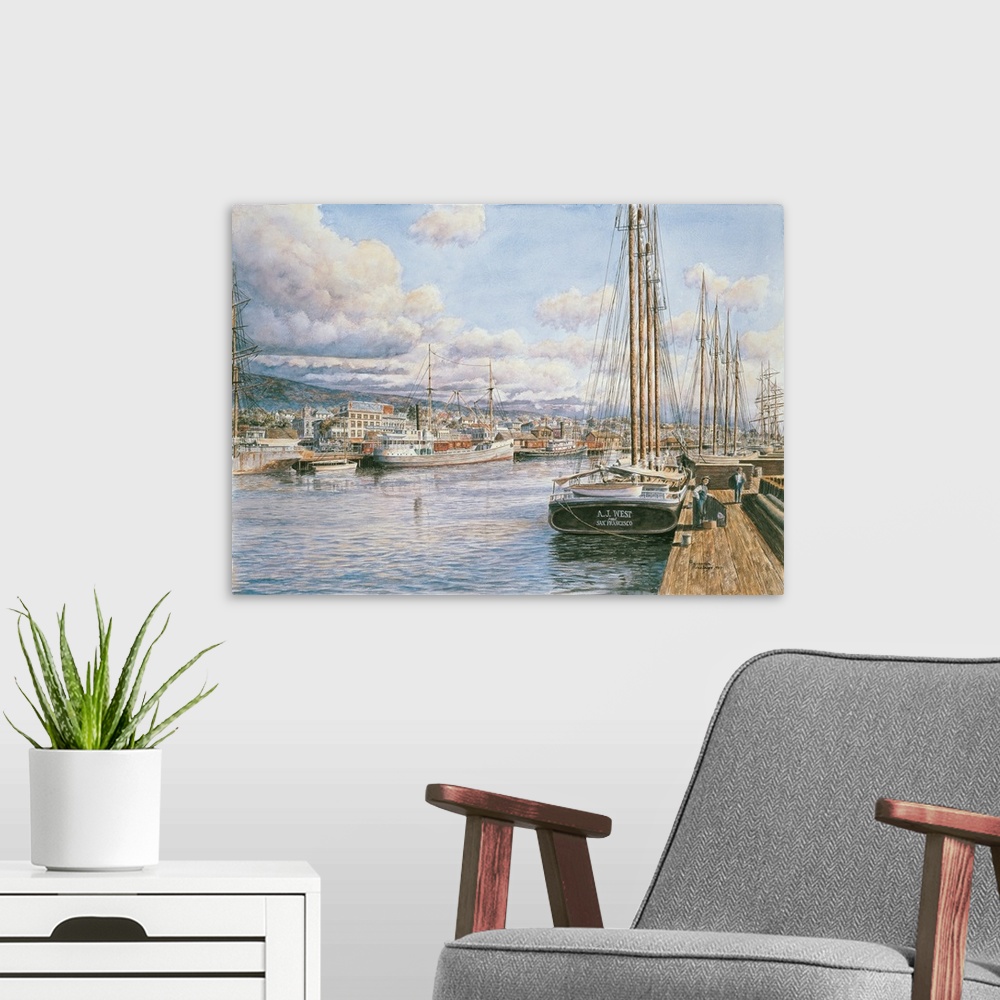 A modern room featuring Contemporary painting of a harbor filled with ships and fishing boats.