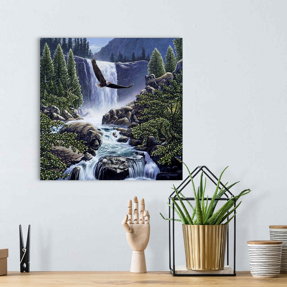 A bohemian room featuring Eagle flying over a river with a waterfall behind him.