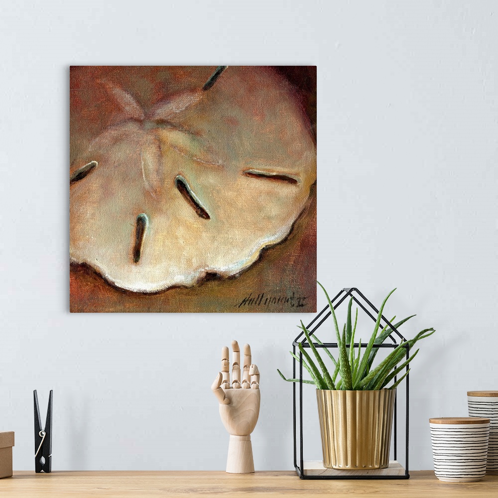 A bohemian room featuring Contemporary still-life painting of a sand dollar close-up.