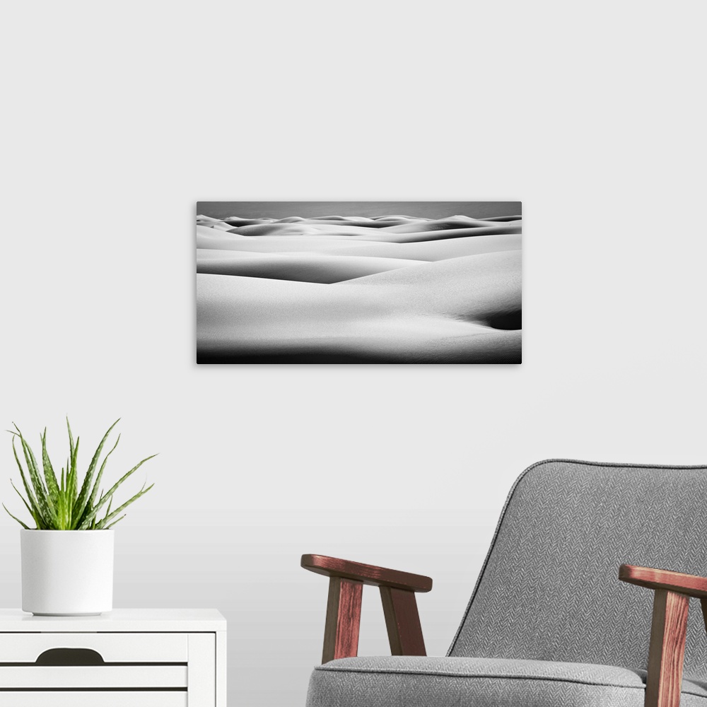 A modern room featuring Black and white landscape photograph of contrasting hilly sand dunes.