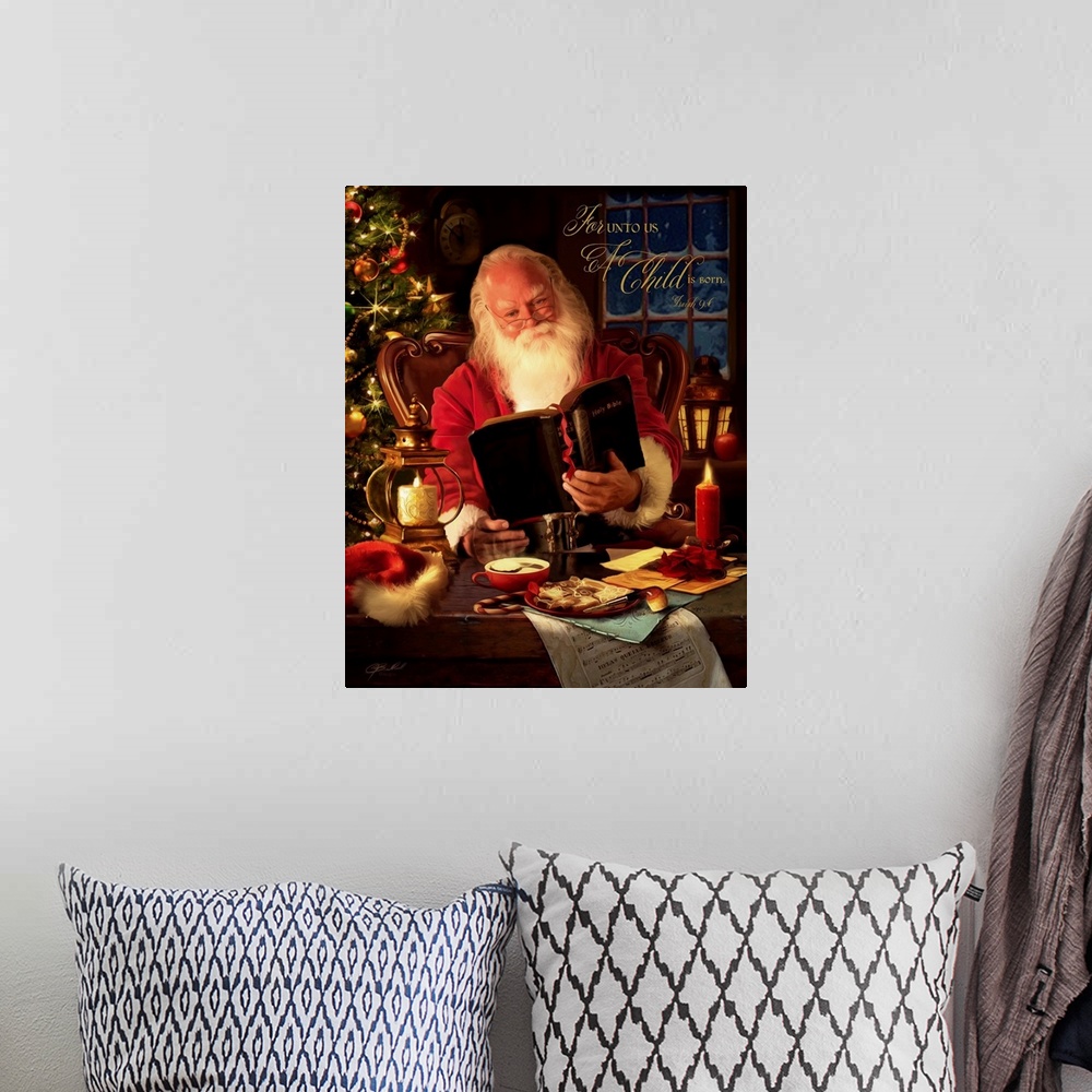 A bohemian room featuring A warm and traditional portrait of Father Christmas sitting at a desk and reading from a bible, w...
