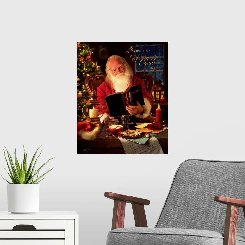 A modern room featuring A warm and traditional portrait of Father Christmas sitting at a desk and reading from a bible, w...