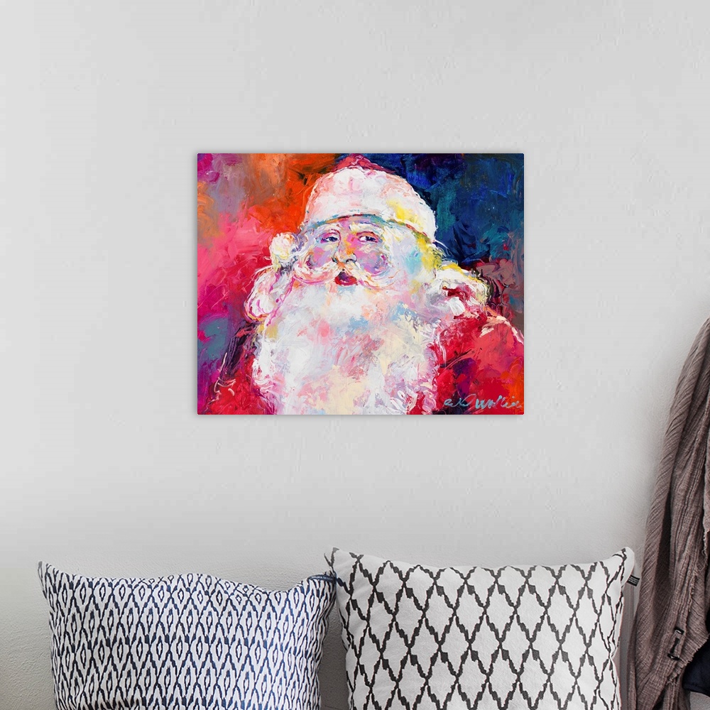 A bohemian room featuring Colorful painted portrait of Santa Claus.