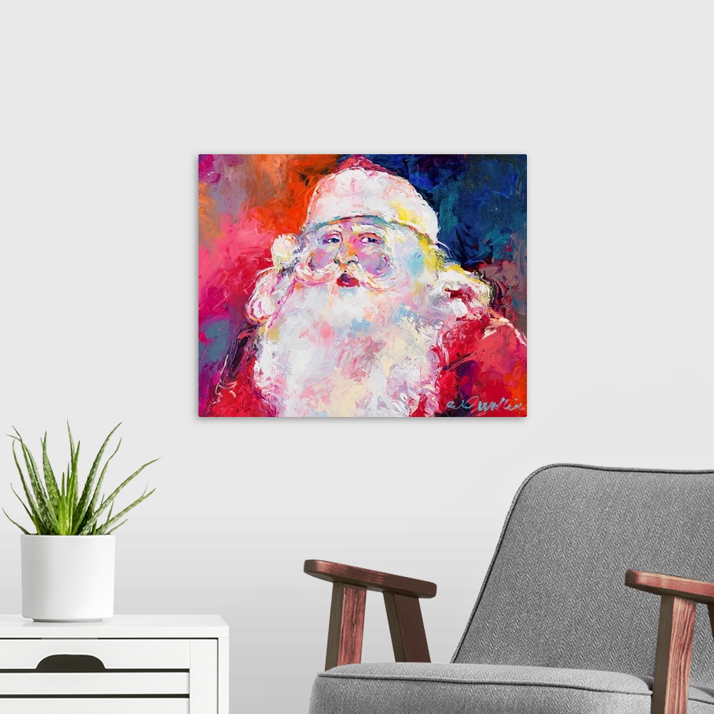 A modern room featuring Colorful painted portrait of Santa Claus.