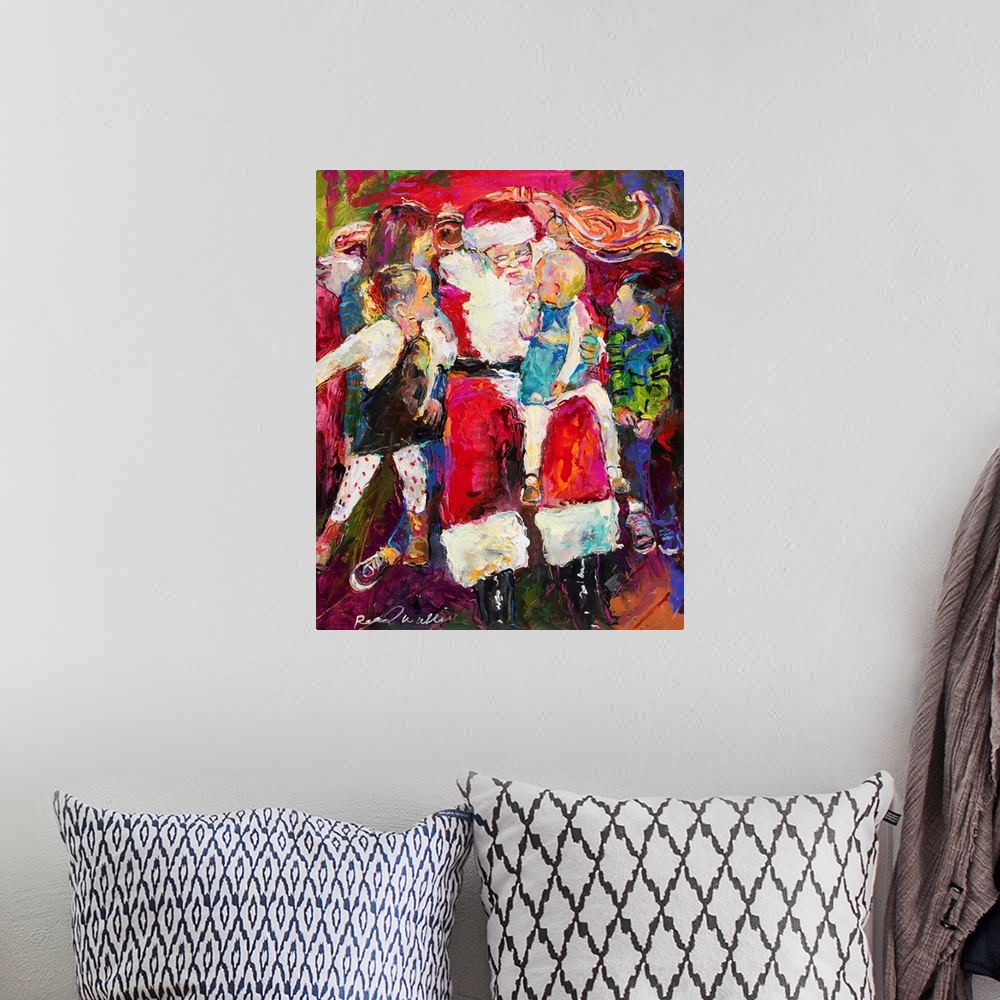 A bohemian room featuring Contemporary painting of children on Santa's lap telling him what they want for Christmas.