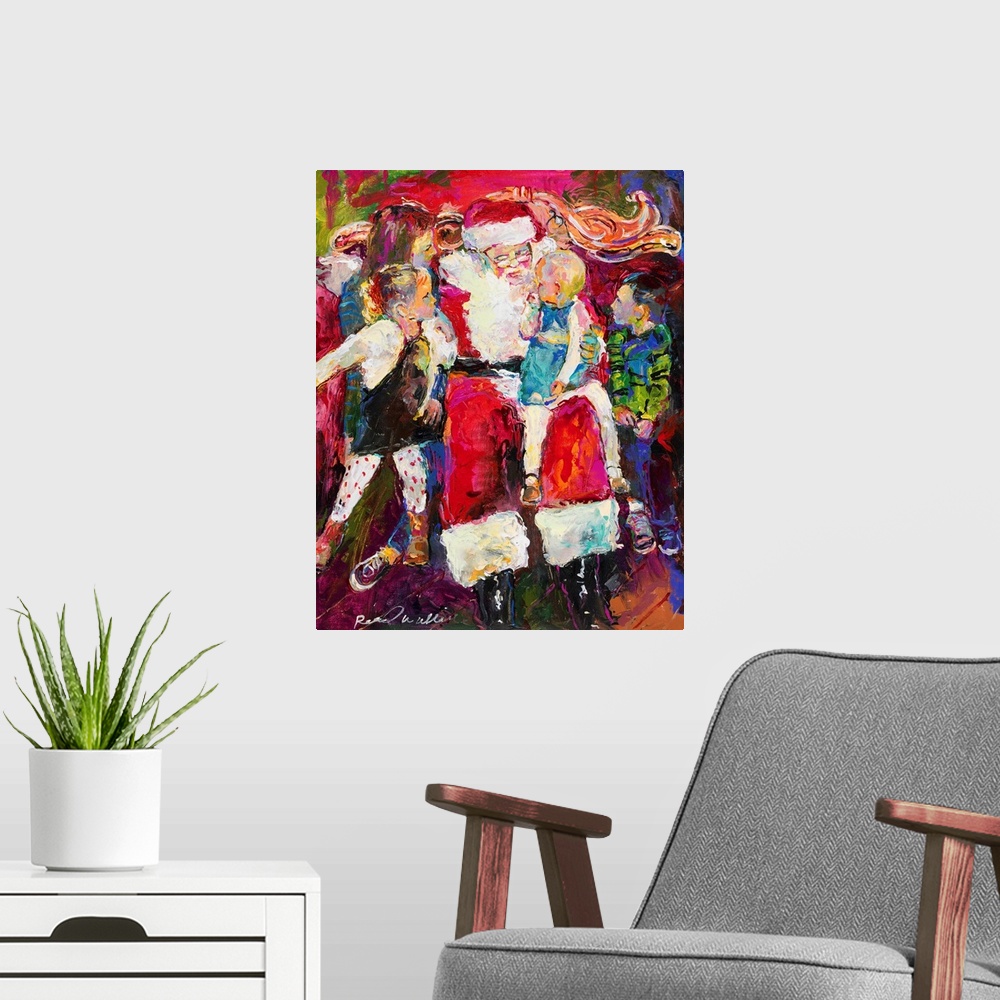 A modern room featuring Contemporary painting of children on Santa's lap telling him what they want for Christmas.