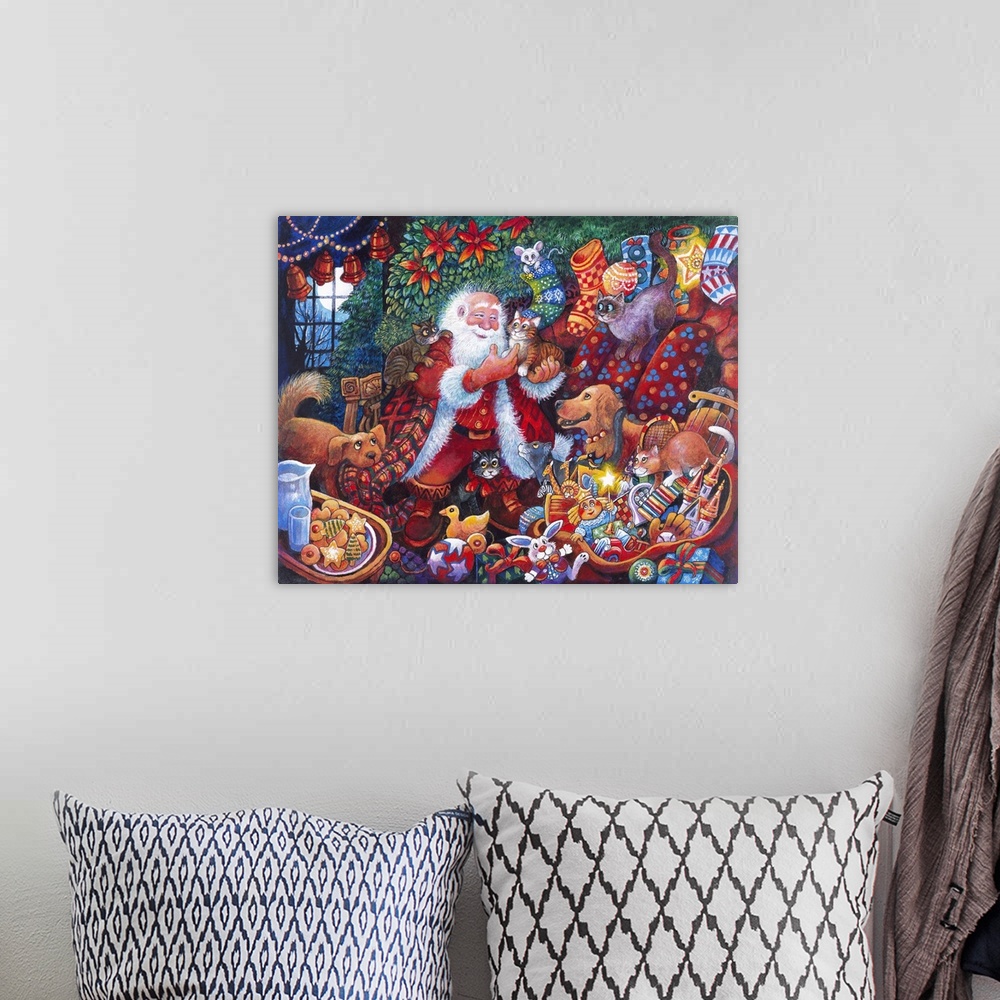 A bohemian room featuring Santa with lots of toys and dog holds kitten.