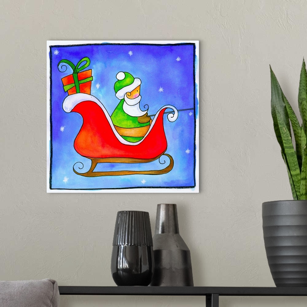 A modern room featuring santa and his sleigh